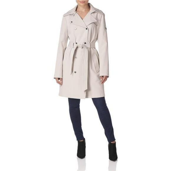Calvin Klein Women's Double Breasted Belted Rain Jacket with Removable Hood